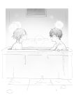  2boys absurdres bathtub blush caelus_(honkai:_star_rail) closed_eyes commentary_request dan_heng_(honkai:_star_rail) facing_another greyscale highres honkai:_star_rail honkai_(series) indoors kino_mgmg looking_at_another male_focus monochrome multiple_boys nude piercing_hole rubber_duck same-sex_bathing shared_bathing short_hair shoulder_blush trailblazer_(honkai:_star_rail) water wet wet_hair yaoi 