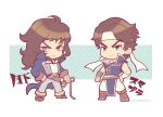  2boys blue_coat blue_eyes brown_footwear brown_hair castlevania_(series) chibi chibi_only closed_mouth coat dual_persona grey_pants hand_on_own_hip headband holding holding_whip kotorai long_hair male_focus multiple_boys pants parted_lips richter_belmont shirt short_hair signature translation_request v-shaped_eyebrows white_headband white_pants white_shirt 