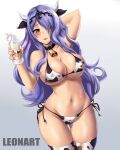  1girl abs animal_print artist_name ass_visible_through_thighs bell bikini blush bottle breasts camilla_(fire_emblem) choker cleavage covered_nipples cow_horns cow_print cow_print_bikini cowbell english_commentary fake_horns fire_emblem fire_emblem_fates grey_background hair_over_one_eye holding holding_bottle horns large_breasts leonart long_hair milk milk_bottle navel parted_bangs print_bikini purple_eyes purple_hair revealing_clothes sidelocks simple_background solo swimsuit thighs tiara tongue tongue_out wavy_hair 