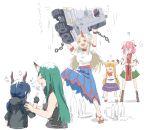  5girls :d ^_^ anger_vein arknights arms_up black_gloves black_jacket blonde_hair blue_hair blue_skirt blush boots bottle brown_footwear bun_cover ch&#039;en_(arknights) chain closed_eyes crossover double_bun faceless faceless_female facepalm fang fingerless_gloves flying_sweatdrops geta gloves green_hair green_skirt grey_shirt hair_bun hands_on_own_hips hood hood_down hooded_jacket horns hoshiguma_(arknights) hoshiguma_yuugi ibaraki_kasen ibuki_suika jacket light_brown_hair long_hair low_twintails multiple_girls name_connection nejikyuu pink_hair pleated_skirt pointing profile puffy_short_sleeves puffy_sleeves robot shirt short_sleeves simple_background skirt sleeveless sleeveless_shirt smile socks sweat touhou translation_request turtleneck twintails v-shaped_eyebrows very_long_hair white_background white_shirt white_socks 