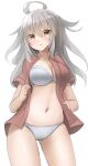  1girl ahoge bra breasts brown_eyes cleavage collared_shirt contrapposto gangut_(kancolle) grey_hair highres kantai_collection large_breasts long_hair navel one-hour_drawing_challenge open_clothes open_shirt panties red_shirt redundant-cat shirt solo standing underwear white_bra white_panties 