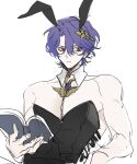  1boy animal_ears blue_hair book dr._ratio_(honkai:_star_rail) hair_between_eyes highres male_focus oryunbunkosu playboy_bunny rabbit_ears toned toned_male white_background 