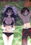  1boy 1girl armpits arms_behind_head arms_up beach_towel bikini black_bikini black_hair black_male_swimwear blue_hair blush boku_no_kokoro_no_yabai_yatsu breasts breasts_apart brown_eyes chapter_number closed_mouth copyright_name dark_blue_hair facial_tattoo from_above hands_on_own_stomach highres ichikawa_kyoutarou long_hair looking_at_another lying male_swimwear medium_breasts mole mole_on_neck multiple_moles navel on_back ringed_eyes sakurai_norio swimsuit tattoo topless_male towel yamada_anna 