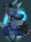 absurd_res anthro aura blue_body blue_fur camel_toe clothing feet female fist foot_focus fur generation_4_pokemon hi_res legs_up looking_at_viewer lucario nintendo pawpads pokemon pokemon_(species) red_eyes solo tail zerrymon