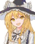  1girl blonde_hair bow braid collared_shirt commentary frills hair_bow hat hat_bow highres kashiwada_kiiho kirisame_marisa long_hair looking_at_viewer open_mouth portrait shirt side_braid single_braid smile solo touhou white_background white_bow witch_hat yellow_eyes 