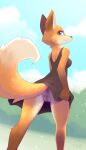 2024 anthro b-epon blurred_background butt canid canine clothed clothing digital_media_(artwork) eyebrows female fox fur genitals hi_res looking_at_viewer mammal outside pussy smile solo