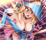 1girl bare_shoulders between_fingers blonde_hair blue_footwear blue_headwear blush blush_stickers boots breasts card card_between_fingers choker cleavage dark_magician_girl duel_monster embarrassed fang feet_out_of_frame green_eyes hat highres holding holding_card holding_wand large_breasts long_hair looking_at_viewer nipple_slip nipples nm_(tshell2761) open_mouth pentacle skin_fang solo wand wizard_hat yu-gi-oh! 