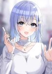  1girl :d blue_hair blurry blurry_background blush breasts cellphone crossed_bangs hair_ornament hairclip hands_up heart highres holding holding_phone idolmaster idolmaster_shiny_colors jewelry long_hair long_sleeves looking_at_viewer necklace open_mouth phone smartphone smile solo suzuki_hana upper_body 