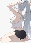  1girl absurdres adjusting_hair ass barefoot black_shorts blue_archive breasts dolphin_shorts full_body grey_background grey_hair halo highres large_breasts long_hair mechanical_halo noa_(blue_archive) purple_eyes reia_76 shorts simple_background solo tank_top toes white_tank_top 