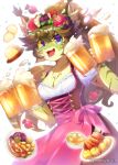 alcohol anthro beer beverage bobcat breasts clothed clothing felid feline female flower food fur green_body green_fur hair kemono lynx mammal oktoberfest open_mouth open_smile plant smile solo sunnynoga