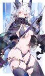  1girl absurdres bikini black_bikini black_cape black_gloves black_horns black_thighhighs breasts cape cocoballking commentary_request commission gauntlets gloves hand_on_blade highres holding holding_sword holding_weapon horns katana knee_up large_breasts long_hair looking_at_viewer midriff multiple_horns navel original pixiv_commission red_eyes solo stomach_tattoo swimsuit sword tattoo thigh_strap thighhighs weapon white_hair 