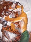  anthro bed brown_hair canine caress cheek_tuft clothed clothing duo feline female fox fur green_eyes hair head_on_shoulder levelviolet long_hair looking_back male male/female mammal on_bed pillow red_fox spooning striped_fur stripes tiger tuft white_belly 