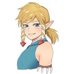 blonde_hair blue_eyes elf foxvulpine hair humanoid humanoid_pointy_ears hylian light_body light_skin link looking_at_viewer male nintendo not_furry ponytail simple_background smile solo the_legend_of_zelda