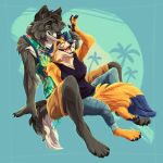  2018 alridpath big_breasts black_nose blue_nose breasts canine claws clothed clothing cuddling darrell_azrat digitigrade duo eyewear female fox fur glasses green_eyes grey_fur judy_reinard larger_male male mammal orange_fur seaside sharp_claws sharp_teeth silver_eyes simple_background sitting size_difference teeth tree wolf 