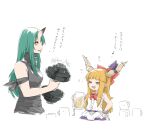  2girls :d alcohol arknights bare_shoulders beer beer_mug blonde_hair blush bow brown_eyes closed_eyes crossover cup dumbbell eighth_note green_hair grey_shirt hand_on_own_hip holding holding_cup horn_bow horn_ornament horns hoshiguma_(arknights) ibuki_suika long_hair mug multiple_girls musical_note nejikyuu purple_bow purple_skirt red_bow shirt simple_background single_horn skirt sleeveless sleeveless_shirt smile touhou translation_request turtleneck twitter_username very_long_hair white_background white_shirt 