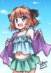  1girl arimura_yuu black_ribbon blue_eyes blue_sky brown_hair camisole cloud dated dress fang green_camisole green_skirt hachijou_(kancolle) hair_ribbon highres jacket kantai_collection one-hour_drawing_challenge open_clothes open_jacket open_mouth pleated_dress purple_jacket ribbon short_hair signature skin_fang skirt sky smile solo 