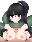  1girl adagumo_no_yaorochi black_eyes black_hair blush breasts commentary_request genderswap genderswap_(otf) green_scarf hair_between_eyes hands_on_own_breasts highres large_breasts len&#039;en long_hair multiple_tails ougi_hina paizuri parted_lips penis scarf side_ponytail simple_background snake_girl snake_tail solo_focus tail uncensored white_background 