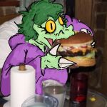 1:1 4_fingers anthro baryonyx burger claws clothing colored detailed_background dinosaur faustanon female finger_claws fingers food green_body green_hair green_scales hair holding_burger holding_food holding_object hoodie i_wani_hug_that_gator meme olivia_halford photo_background photography_(artwork) pupils reptile scales scalie slit_pupils snout solo spinosaurid theropod third-party_edit topwear yellow_eyes