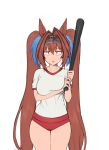  1girl animal_ears arm_under_breasts baseball_bat blue_gemstone bow buruma daiwa_scarlet_(umamusume) fukuro_(maruaru00) gem gym_shirt hair_between_eyes hair_bow hair_intakes highres holding holding_baseball_bat horse_ears horse_girl long_hair red_bow red_buruma red_eyes shirt solo tiara twintails umamusume unamused very_long_hair white_shirt 