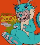  &gt;_o 1girl 2024 animal_costume aqua_eyes blonde_hair chinese_zodiac collarbone costume dragon_costume hair_between_eyes highres iiiichimaru_03 long_hair looking_at_viewer one_eye_closed open_mouth orange_background original paw_pose sharp_teeth sidelocks simple_background sitting solo speech_bubble teeth translation_request year_of_the_dragon 