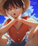  1boy black_hair blue_shorts cloud hand_on_own_cheek hand_on_own_face hat highres looking_at_viewer machida_0906 male_focus monkey_d._luffy one_piece red_shirt scar scar_on_face shirt short_hair shorts sky solo squatting straw_hat 