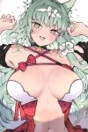  1girl animal_ears arknights bell breasts cat_ears cat_girl cleavage collarbone green_eyes green_hair harmonie_(arknights) highres jingle_bell kyuu_(plastic_night_q) large_breasts long_hair looking_at_viewer lying navel neck_bell official_alternate_costume on_back open_mouth smile solo stomach 