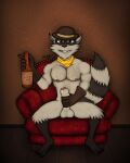 absurd_res alcohol anthro balls beverage bodily_fluids body_hair clothing cowboy cowboy_hat drunk foreskin furniture genital_fluids genitals hat headgear headwear hi_res liquor male mammal mckodimus penis precum procyonid raccoon sitting sly_cooper_(series) sofa solo sony_corporation sony_interactive_entertainment substance_intoxication sucker_punch_productions tennessee_kid_cooper