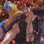  2boys abs blonde_hair blue_shirt clenched_teeth coat commentary_request eustass_kid facial_hair facial_hair_through_mask fur_coat goatee goggles goggles_on_head highres hockey_mask killer_(one_piece) long_hair male_focus mask mechanical_arms multiple_boys one_piece open_clothes pantho red_eyes scar scar_across_eye scar_on_chest scar_on_face shirt short_hair short_sleeves single_mechanical_arm smile teeth 