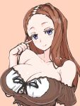  1girl absurdres alternate_costume bare_shoulders bikini blue_eyes breasts brown_hair collarbone finger_to_face grimms_notes highres huge_breasts husima long_hair maid maid_bikini mona_lisa_(grimms_notes) simple_background smile solo swimsuit unconventional_maid upper_body 