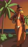 absurd_res anthro avian beach bikini clothed clothing crossdressing destrustor european_mythology eyewear girly greek_mythology hat headgear headwear hi_res male mythological_avian mythological_firebird mythology outside phoenix seaside solo sunglasses sunset swimwear top_hat walking