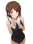  1girl amagami bare_arms bare_shoulders black_one-piece_swimsuit blush breasts brown_eyes brown_hair closed_mouth collarbone competition_swimsuit highres looking_at_viewer medium_breasts medium_hair nakata_sae one-piece_swimsuit parted_bangs simple_background solo swimsuit takenoko_saba_otto towel towel_around_neck wet wet_clothes wet_hair wet_swimsuit white_background 