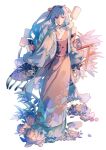  1girl :o ascot blue_hair cape fireworks floral_print flower frilled_kimono frills full_body hair_ribbon haori highres jacket japanese_clothes kimono lantern lobelia_(saclia) long_hair long_sleeves looking_at_viewer obi open_clothes open_jacket orange_kimono original paper_lantern parted_lips ponytail purple_cape purple_flower purple_sash red_eyes red_ribbon ribbon sash simple_background sleeves_past_fingers sleeves_past_wrists solo tassel torii water_lily_flower white_background wide_sleeves yellow_ascot yellow_sleeves 