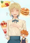  1boy 1girl ^_^ absurdres ahoge apron arm_behind_back artoria_pendragon_(fate) blonde_hair blue_background blue_bow blue_ribbon blue_skirt blush bow chibi chibi_inset closed_eyes collared_shirt emiya_shirou facing_viewer fate/stay_night fate_(series) food hair_bow hand_on_own_chest highres long_sleeves neck_ribbon omelet omurice open_mouth orange_hair pancake pancake_stack parfait plate ribbon saber_(fate) shirt shirt_tucked_in short_hair sidelocks simple_background skirt smile solo_focus sweat umeboitarou upper_body white_shirt 