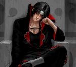  1boy akatsuki_uniform black_hair clenched_hand commentary_request crossed_legs hand_on_own_face headband looking_at_viewer luke_uehara male_focus naruto_(series) on_chair red_eyes revision short_hair sitting solo uchiha_itachi 
