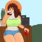 anthro aquilops beverage_can bodily_fluids boombox bottomwear bracelet breasts brown_hair cactus can ceratopsian cleavage clothed clothing colored container crop_top cut-off_jeans cutoffs denim denim_bottomwear denim_clothing detailed_background dinosaur facial_horn female goodbye_volcano_high hair hand_in_hair head_spikes hi_res holding_can holding_container holding_object horn hotpants jewelry leaning leaning_against_object leaning_back looking_at_viewer mrcookiws navel nose_horn open_mouth open_smile orange_body orange_scales ornithischian outside plant red_eyes reptile rosa_(gvh) scales scalie shirt shorts sky smile snoot_game snout solo spikes spikes_(anatomy) sun sweat tan_body tan_scales tank_top topwear touching_hair