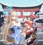  2girls absurdres asuna_(blue_archive) black_choker blue_archive blue_kimono blurry blurry_background blush breasts choker earrings fang flower fur-trimmed_kimono fur_trim grin hair_flower hair_ornament hair_over_one_eye halo highres jacket japanese_clothes jewelry kimono large_breasts light_brown_hair long_hair looking_at_viewer mole mole_under_eye multiple_girls neru_(blue_archive) one_eye_covered outdoors pink_hair red_kimono short_hair shrine single_bare_shoulder smile snow snowing stud_earrings sukajan tagi_(dltjdgh2010) torii v very_long_hair yukata 
