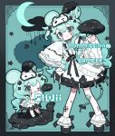  absurdres animal_ears aqua_background aqua_hair black_cloud black_clouds black_ribbon copyright_request crescent_moon hair_ornament highres long_sleeves moon mouse_ears mouse_girl mouse_tail ribbon sleeves_past_fingers sleeves_past_wrists slwii2 tail 