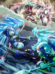  1boy 2girls android battle blue_eyes commentary_request crop_top dragon fairy_leviathan_(mega_man) hat helmet holding holding_polearm holding_weapon in-franchise_crossover mega_man_(series) mega_man_star_force mega_man_star_force_3 mega_man_zero_(series) mega_man_zero_2 mega_man_zx mega_man_zx_advent multiple_girls napo polearm queen_tia_(mega_man) red_eyes thetis_(mega_man) weapon 