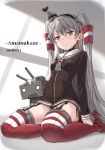  amatsukaze_(kantai_collection) bad_id bad_pixiv_id black_panties blush brown_dress brown_eyes cnm dress eyebrows_visible_through_hair full_body garter_straps gloves hair_between_eyes hair_tubes hat heart highres kantai_collection long_hair looking_at_viewer mini_hat panties red_legwear rensouhou-kun sailor_dress short_dress silver_hair single_glove sitting smoke solo striped striped_legwear thighhighs thighs tilted_headwear tsundere two_side_up underwear windsock 