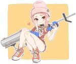  1girl bare_legs beanie blush choker dolphin_shorts e-liter_4k_(splatoon) hat heart highres holding holding_weapon legs looking_at_viewer octoling orange_background outline pink_hair pink_headwear pukur red_eyes shirt shoes short_sleeves shorts sitting smile solo splatoon_(series) splatoon_3 t-shirt tentacle_hair weapon white_outline 