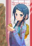  1girl alternate_hairstyle blue_eyes blue_hair blue_kimono dolphins3ino floral_print_kimono hair_ornament highres japanese_clothes kantai_collection kimono new_year samidare_(kancolle) sidelocks smile torii 