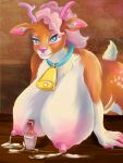 anthro bodily_fluids bovid bovine breast_expansion breast_milking breast_rest breasts bright bright_colors cattle deer expansion exposed_breasts female fluffy furry hi_res lactating malish mammal milk milk_container smile solo tula_wolf ych_(character)