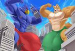  bulge canine city clothing falco_lombardi flexing fox fox_mccloud hyper kunn_(artist) macro male mammal muscular nintendo speedo star_fox swimsuit video_games 