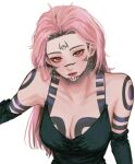  1girl arm_tattoo bare_shoulders black_gloves body_markings breasts chest_tattoo closed_mouth collarbone dress earrings elbow_gloves eyelashes facial_mark forehead_mark genderswap genderswap_(mtf) gloves halterneck jewelry jujutsu_kaisen large_breasts lipstick long_hair looking_at_viewer makeup mesuki_peropero pink_hair red_eyes red_lips ryoumen_sukuna_(jujutsu_kaisen) shoulder_tattoo simple_background sleeveless sleeveless_dress solo tattoo white_background 