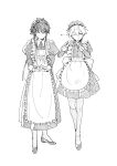  &gt;:) 2boys ;) absurdres alternate_costume apron back_bow bow buttons caelus_(honkai:_star_rail) closed_mouth collared_dress commentary_request crossdressing dan_heng_(honkai:_star_rail) dot_mouth dot_nose dress fingernails flats frilled_apron frills greyscale hair_between_eyes hatching_(texture) heart heart_hands highres honkai:_star_rail honkai_(series) juliet_sleeves kino_mgmg legs_apart legs_together linear_hatching long_dress long_hair long_sleeves maid maid_apron maid_headdress male_focus male_maid monochrome multiple_boys one_eye_closed puffy_sleeves shoes short_dress short_hair simple_background sleeve_cuffs smile star_(symbol) sweat trailblazer_(honkai:_star_rail) v-shaped_eyebrows very_long_hair white_background 