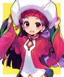  chaos_seed:_fuusui_kairouki character_request earrings jewelry large_hat light_blush long_sleeves looking_at_viewer onono_imoko open_mouth purple_hair smile white_headwear wide_sleeves yellow_background 