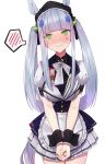 @_@ alternate_hairstyle animal_ears apron bangs blunt_bangs blush bow bowtie breasts commentary cowboy_shot embarrassed facial_mark girls_frontline green_eyes hair_bobbles hair_ornament hat head_tilt highres hk416_(girls_frontline) horse_ears horse_tail jacket long_hair looking_at_viewer medium_breasts nose_blush own_hands_together pleated_skirt puffy_short_sleeves puffy_sleeves ranyu short_sleeves silver_hair simple_background skirt solo spoken_blush standing sweat tail teardrop twintails umamusume v_arms wavy_mouth white_background wing_collar wrist_cuffs 