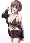  1girl :d absurdres araki_nonoka_(karaage_bou) bat_necklace bikini bikini_top_only black_bikini black_jacket black_ribbon black_shorts blush bob_cut breasts brown_hair cleavage collarbone commentary_request hair_ornament hair_ribbon highres jacket jewelry karaage_bou large_breasts looking_at_viewer multicolored_clothes multicolored_hair multicolored_jacket navel necklace open_mouth original purple_eyes purple_hair ribbon short_hair shorts simple_background smile solo standing streaked_hair swimsuit white_background x_hair_ornament 