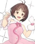  1girl antenna_hair asymmetrical_sleeves bow bowtie breasts brown_eyes brown_hair clenched_hands cute_&amp;_girly_(idolmaster) dress fur-trimmed_dress fur_trim gloves hands_up hidaka_ai idolmaster idolmaster_dearly_stars konekone open_mouth pink_bow pink_bowtie pink_dress pom_pom_(clothes) short_hair simple_background single_bare_shoulder single_glove single_sleeve small_breasts smile solo sparkle teeth uneven_sleeves upper_body upper_teeth_only white_background white_gloves 