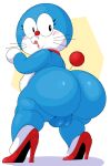 anthro balls big_butt blue_body blue_fur blush butt clothing collar digital_media_(artwork) domestic_cat doraemon doraemon_(character) ekkokenight felid feline felis footwear fur genitals heels_only hi_res high_heels huge_butt looking_at_viewer looking_back machine male mammal red_collar red_nose robot shaded simple_background solo tail thick_thighs whiskers white_body white_fur wide_hips